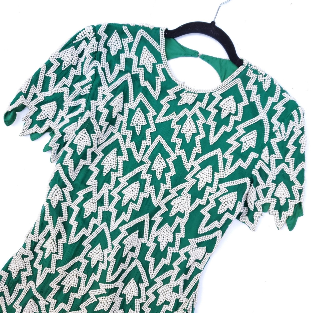 Vintage Green White Pearl Beaded Keyhole Dress